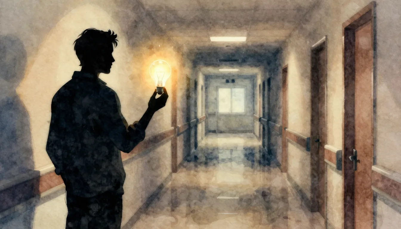 Watercolor style. A silhouette of a man holding a glowing li...