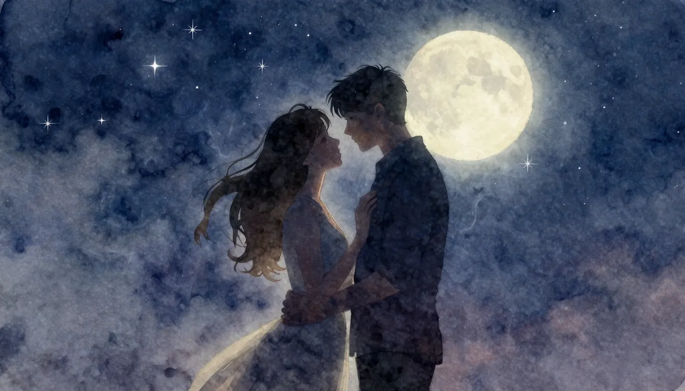 Watercolor style. A romantic silhouette of two lovers under ...