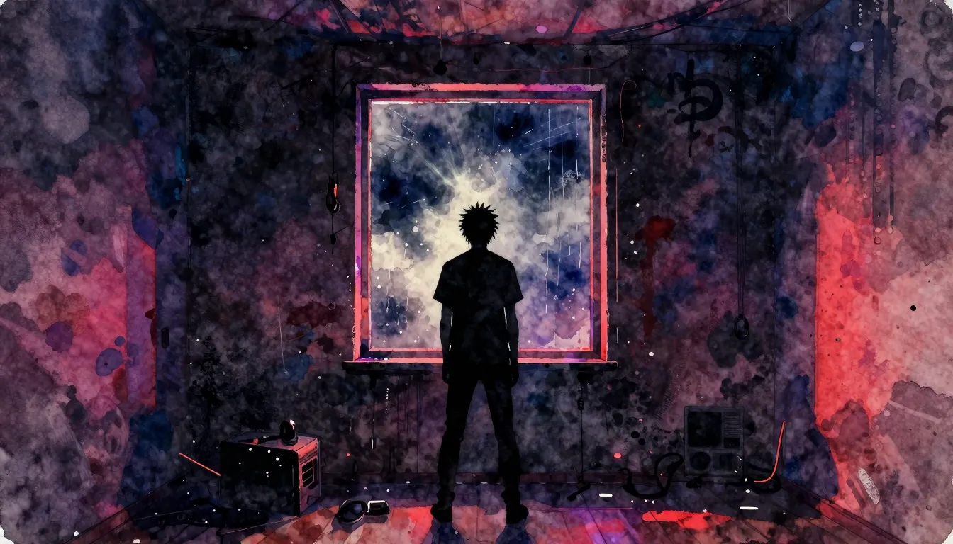 Vibrant watercolor style. Punk rock album cover, a silhouett...