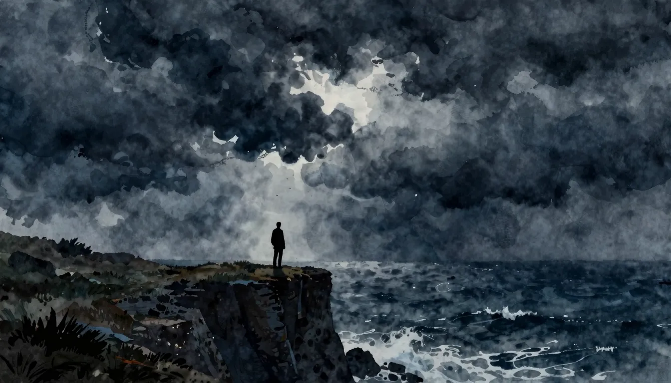 Watercolor style. Dark gloomy landscape, a single silhouette...