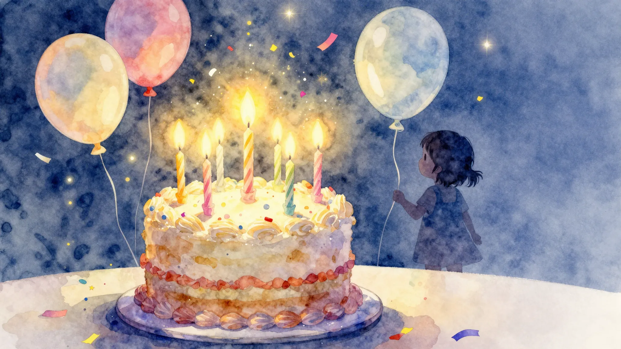 Watercolor style. A festive birthday cake with glowing candl...