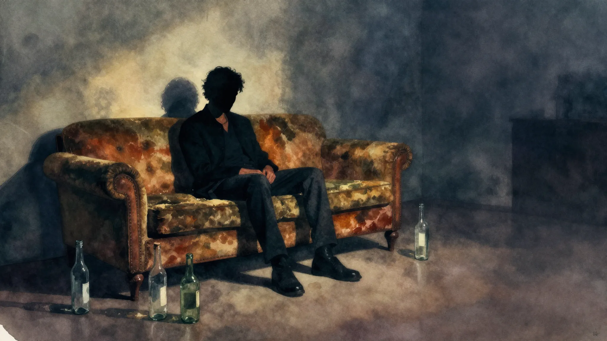 Vibrant watercolor style. A moody R&B album cover, a lonely ...