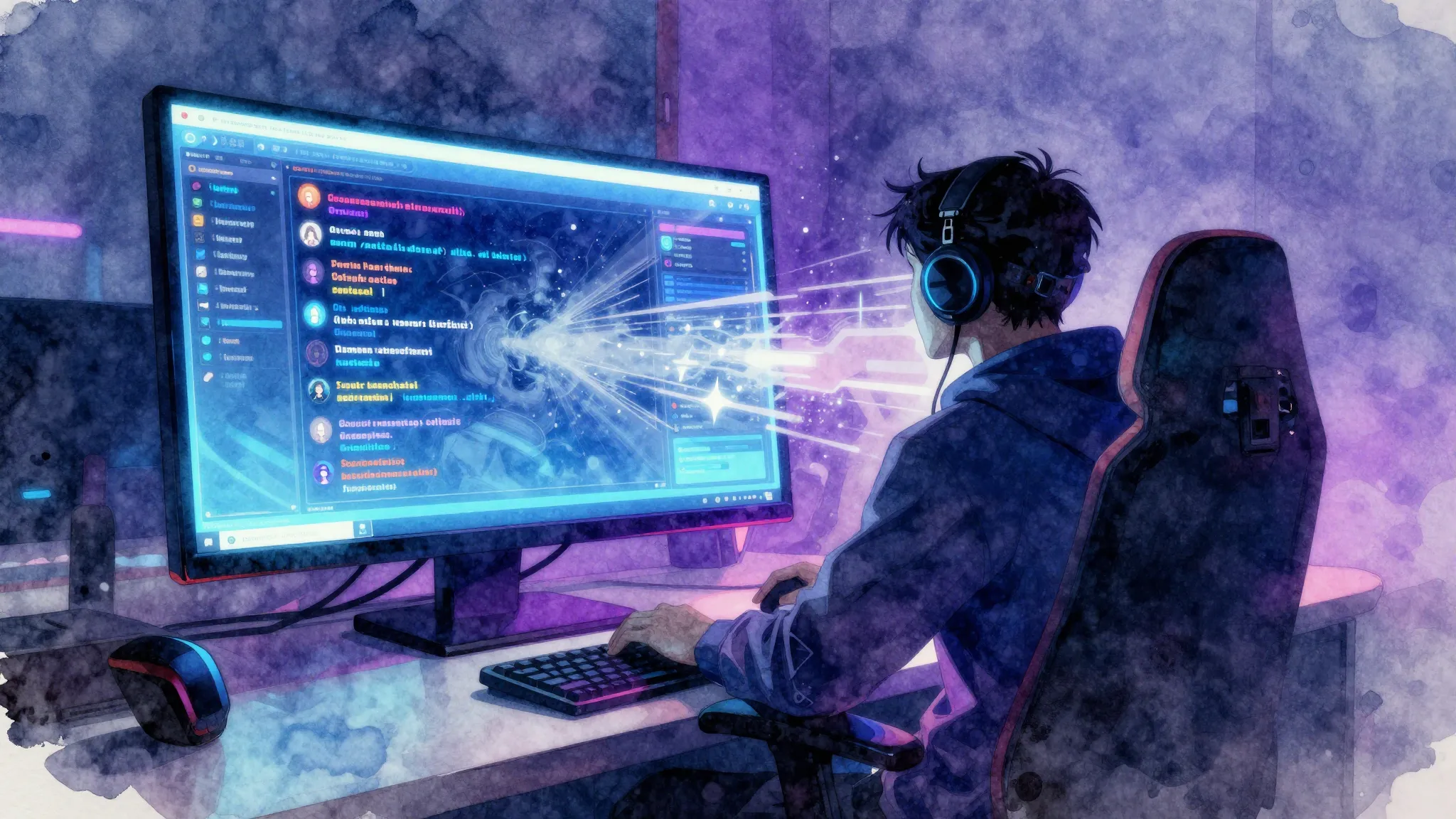 Vibrant watercolor style. Cyberpunk aesthetic, a glowing com...