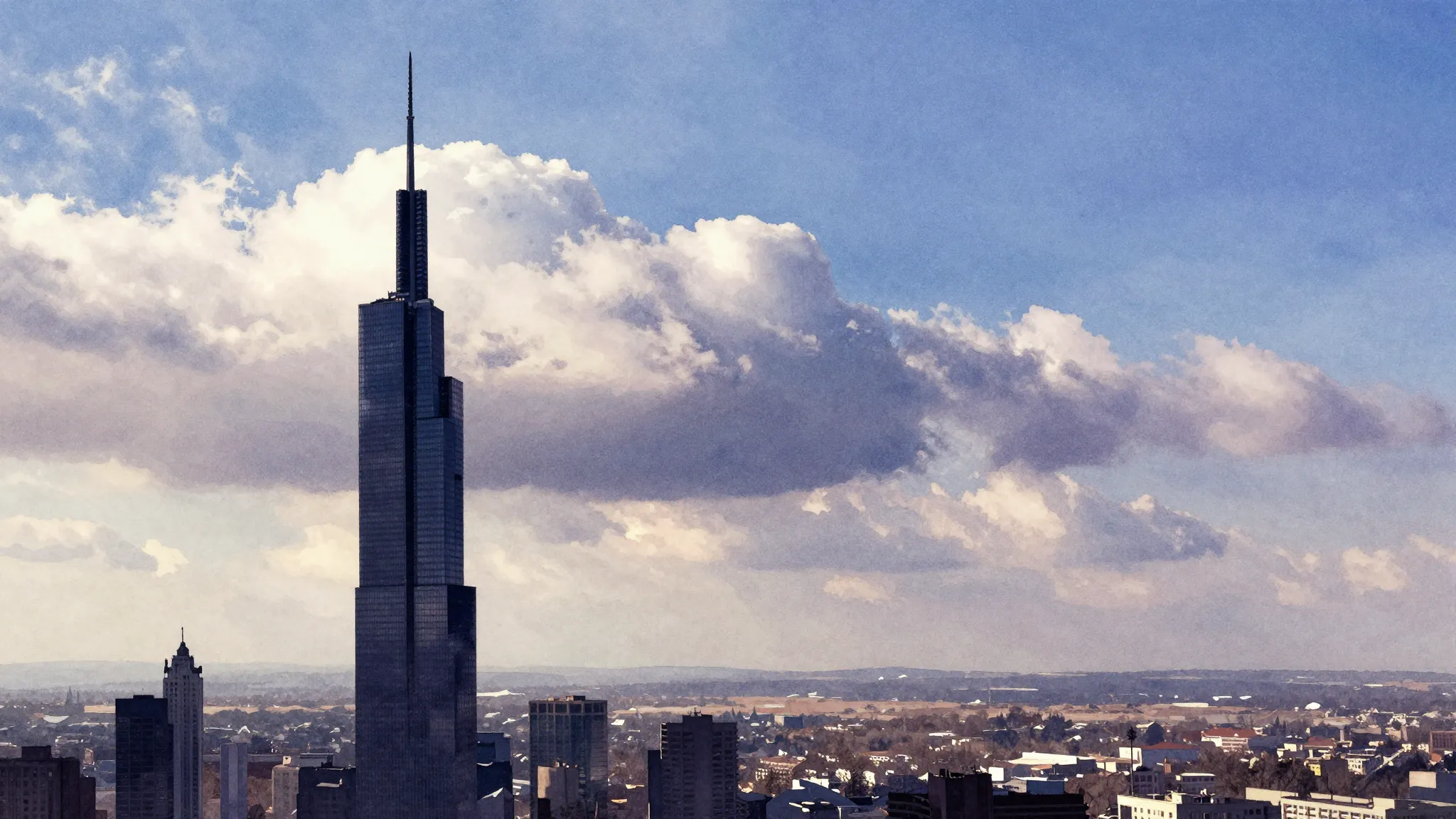 Vibrant watercolor style. A giant, dark, sharp skyscraper ne...