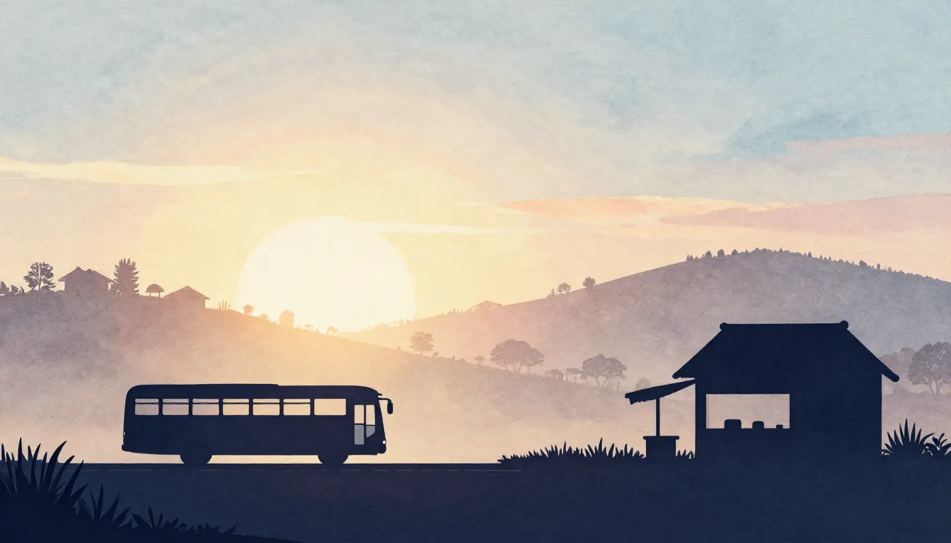 Watercolor style. Silhouette of a village landscape at sunri...