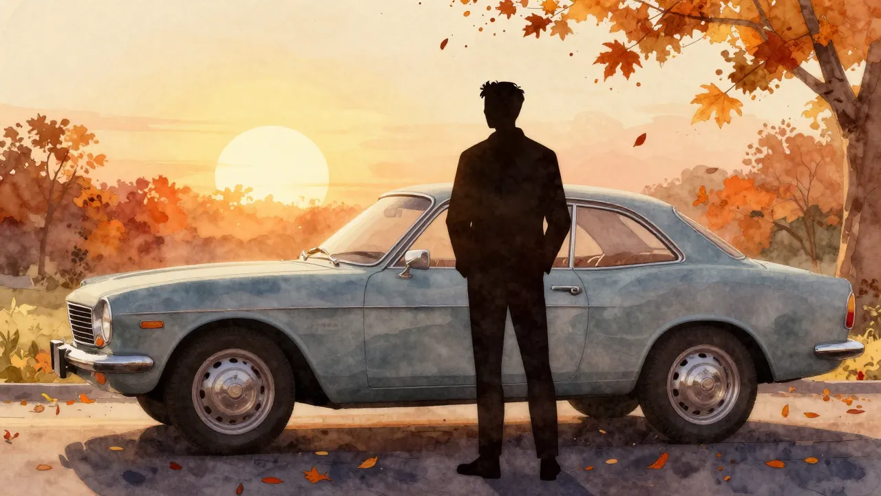 Watercolor style. A silhouette of a man standing next to a c...