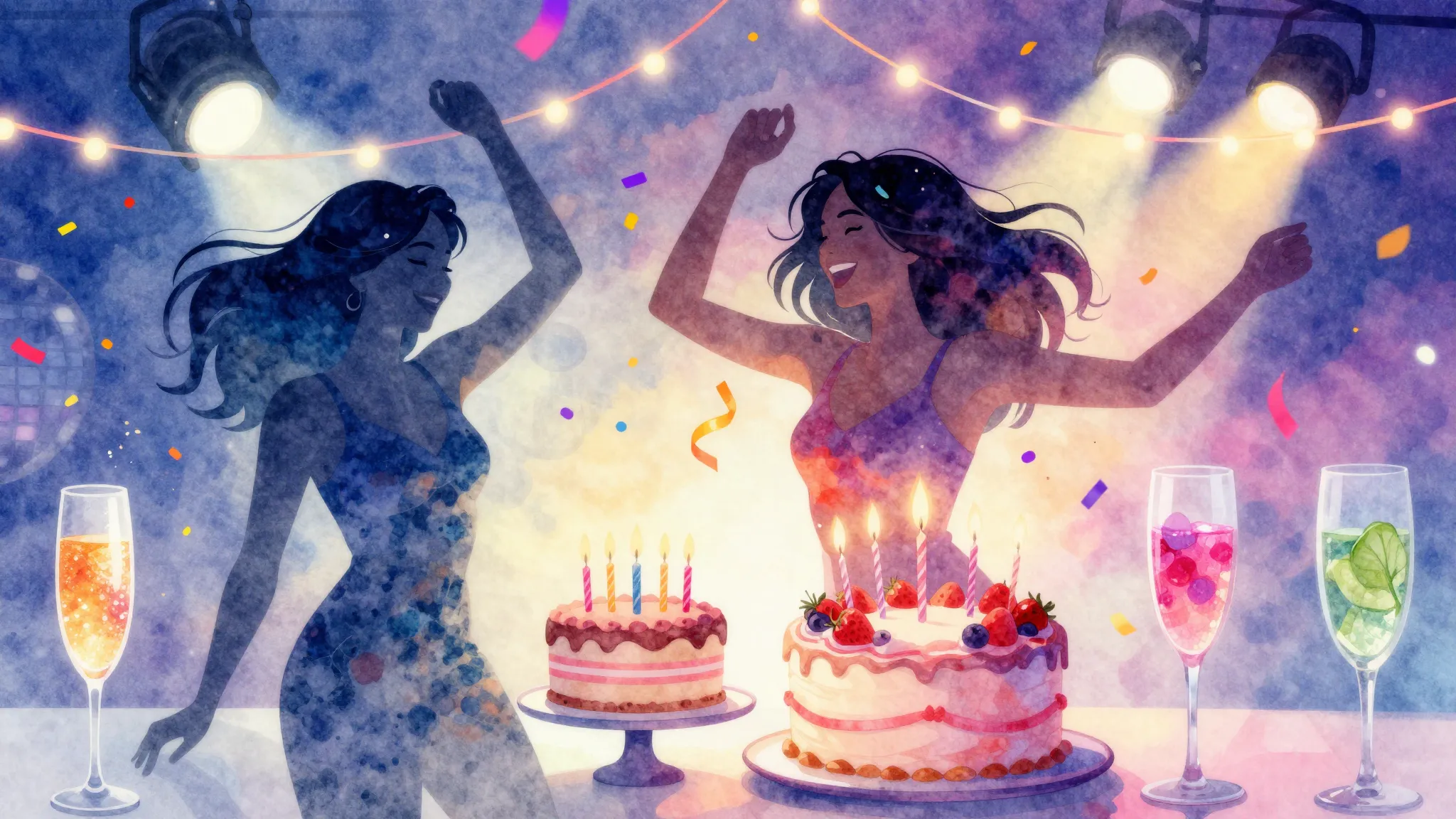 Vibrant watercolor style. Vibrant party scene, a silhouette ...