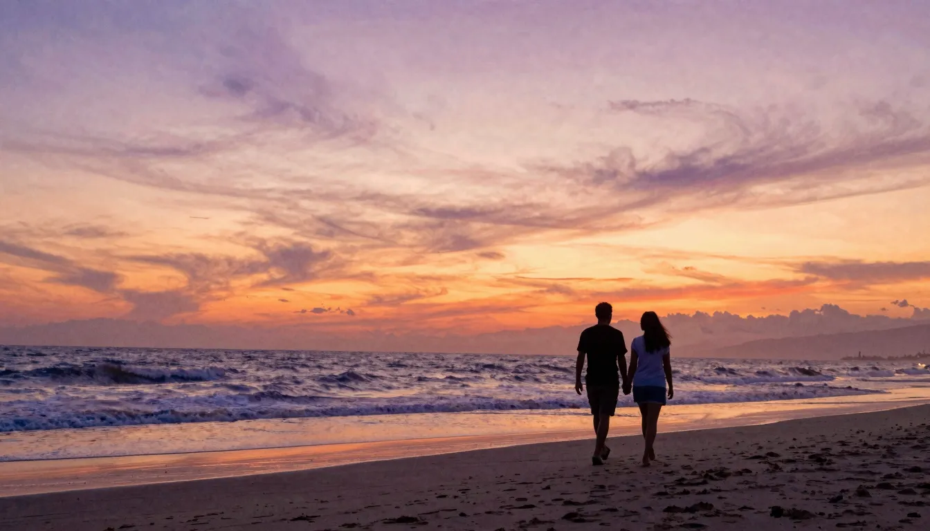 Watercolor style. Silhouette of a couple walking on a sandy ...