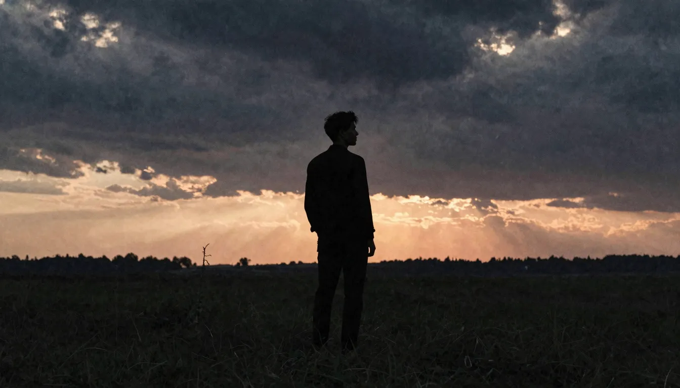 Watercolor style. Silhouette of a young man standing in a fi...