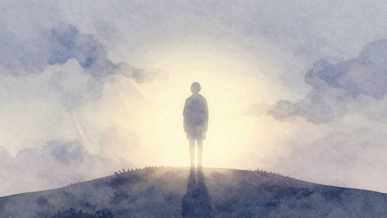 Watercolor style. A glowing silhouette of a person standing ...