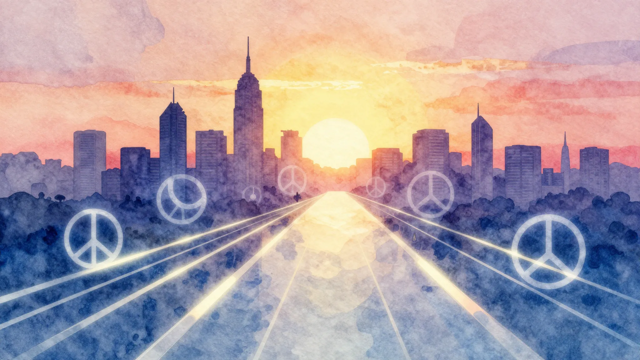 Watercolor style. A bright sunrise over a futuristic city si...