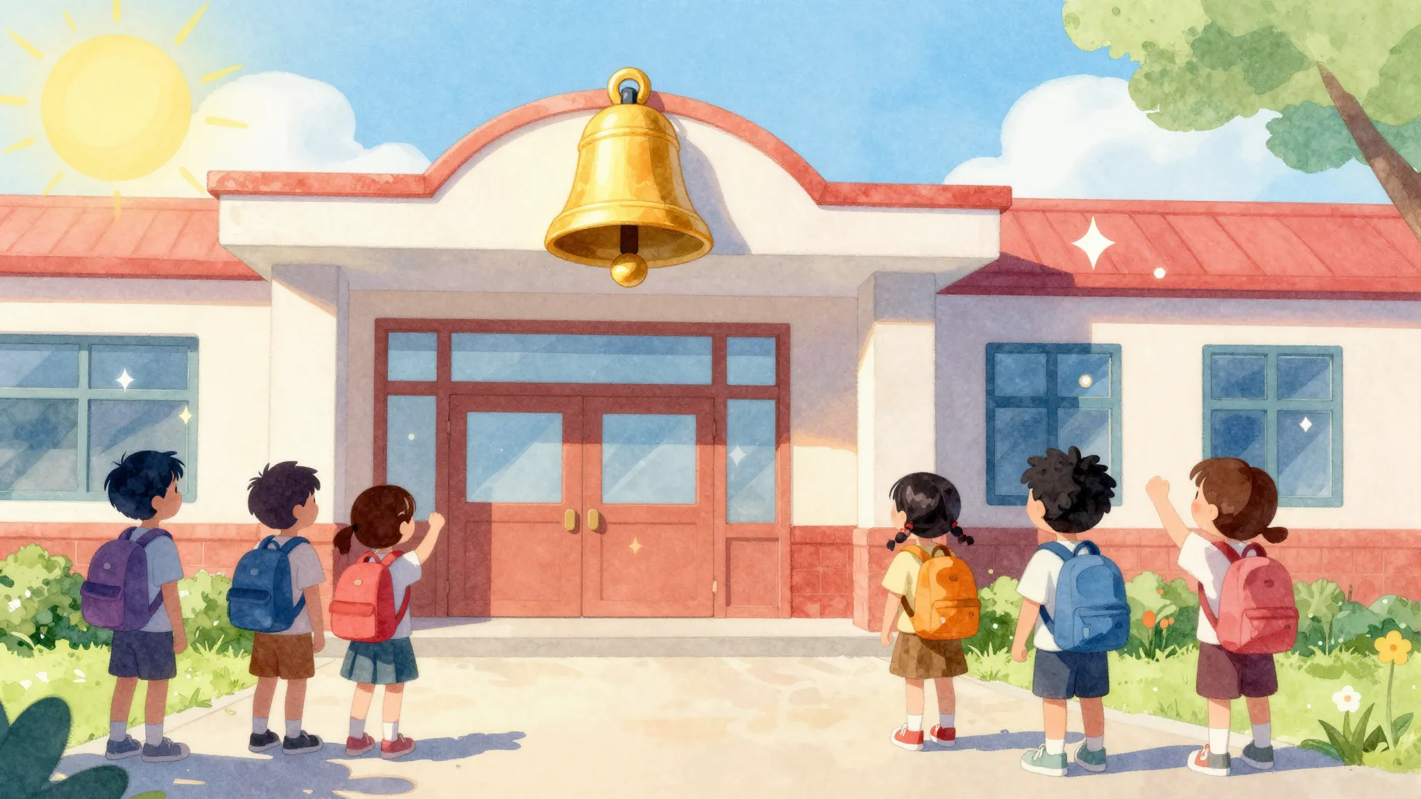 Vibrant watercolor style. Cheerful school building entrance,...