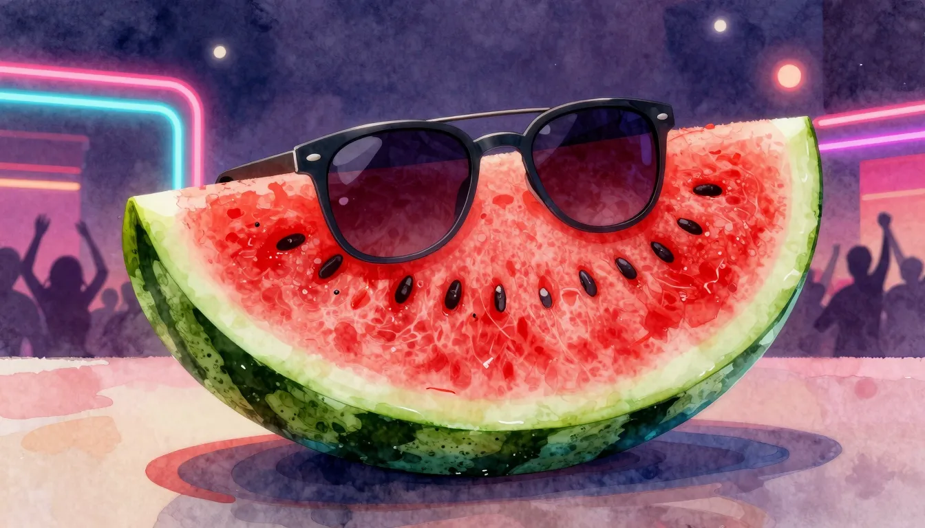 Watercolor style. A giant juicy watermelon slice with sungla...