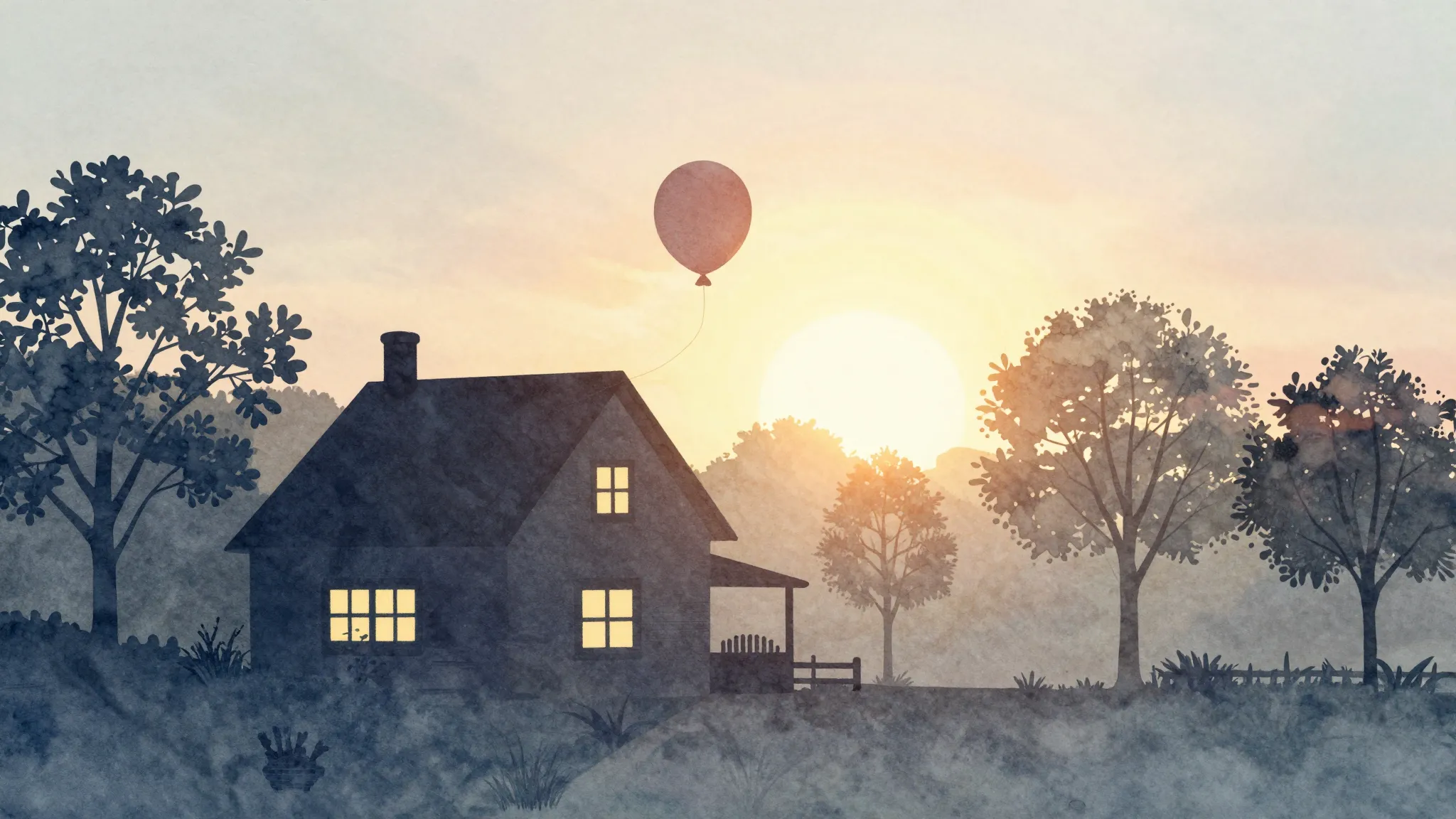 Watercolor style. Silhouette of a cozy building with trees, ...