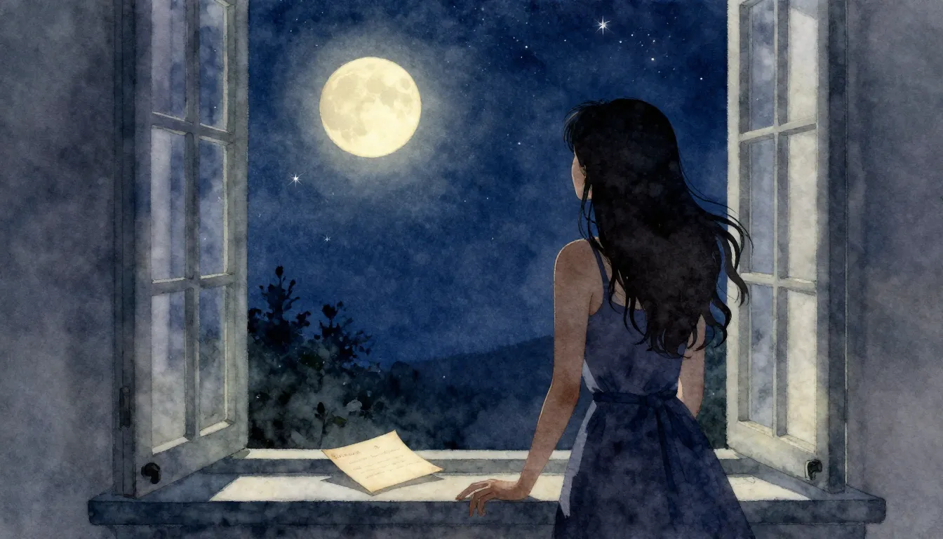 Watercolor style. A silhouette of a woman looking out an ope...