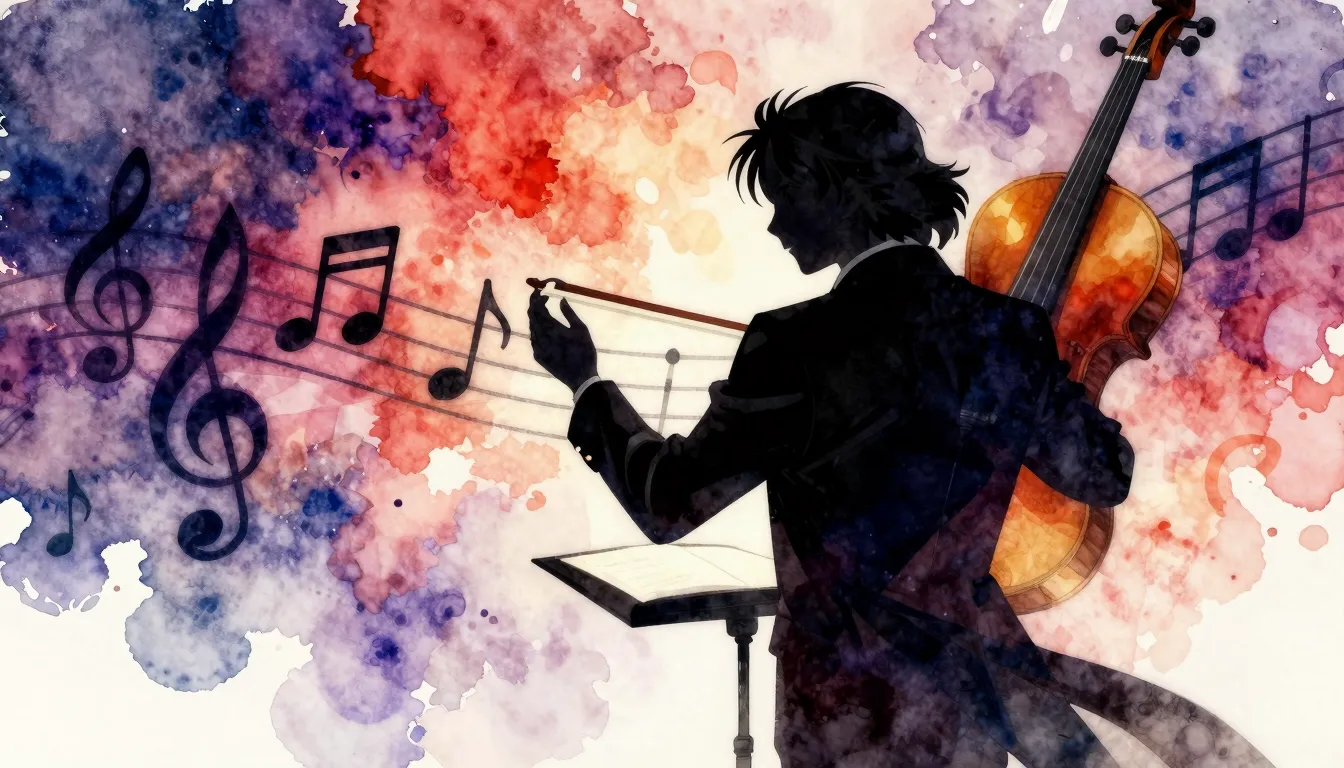 Vibrant watercolor style. Anime style album cover, a dark si...