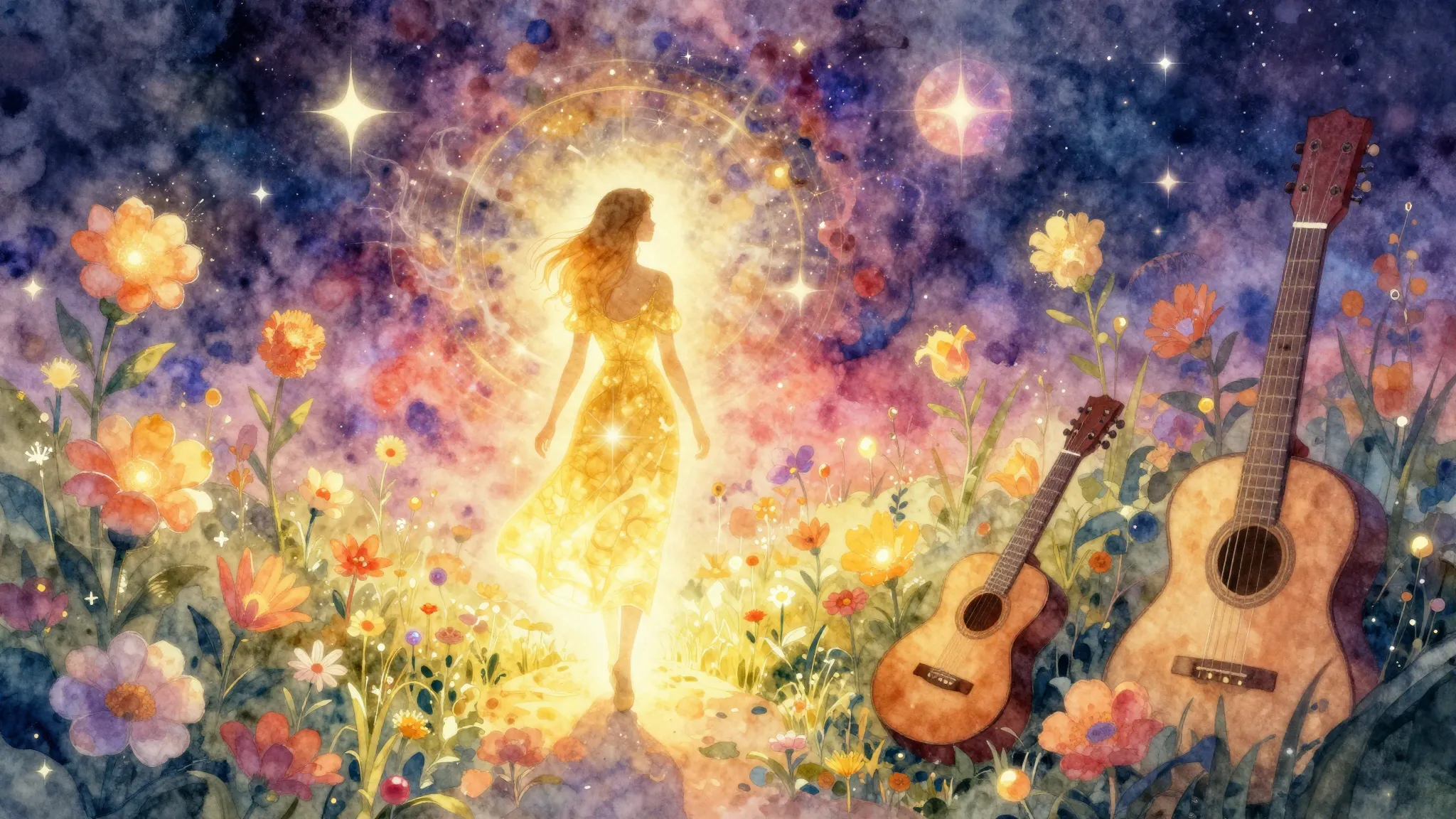 Vibrant watercolor style. Ethereal folk art style, a glowing...