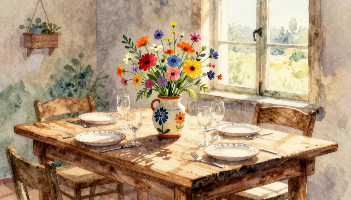 Vibrant watercolor style. A cozy folk-style illustration of ...