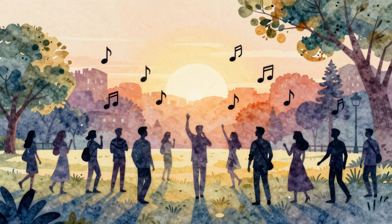 Watercolor style. Silhouettes of a festive crowd in a park, ...