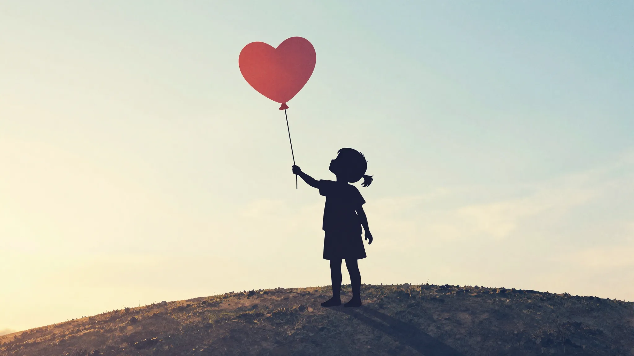 Watercolor style. Silhouette of a child holding a balloon sh...