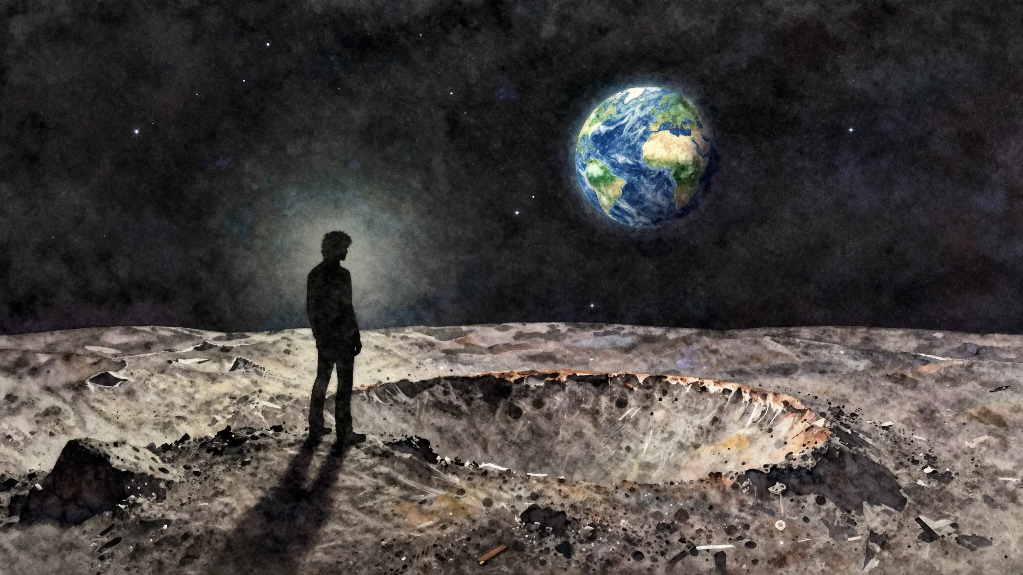Vibrant watercolor style. Grunge rock album cover, a lonely ...