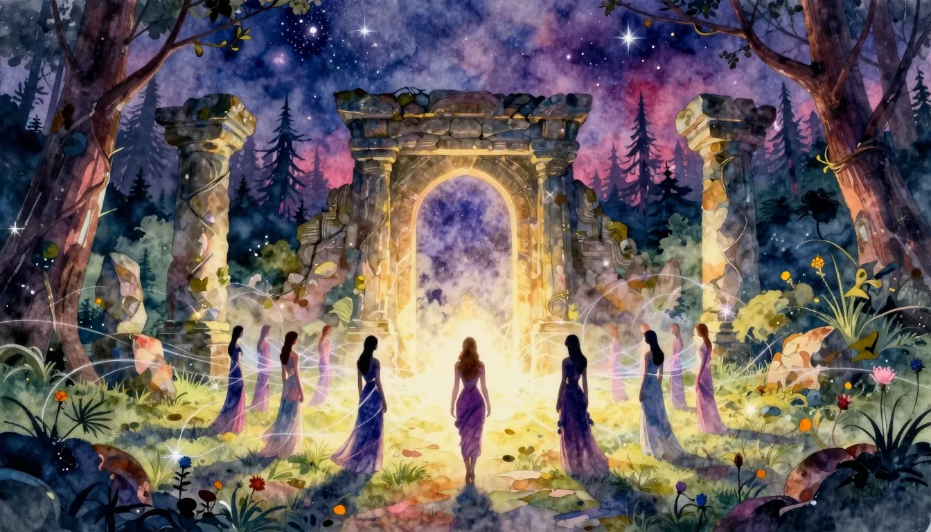 Vibrant watercolor style. A mystical, ethereal landscape fea...