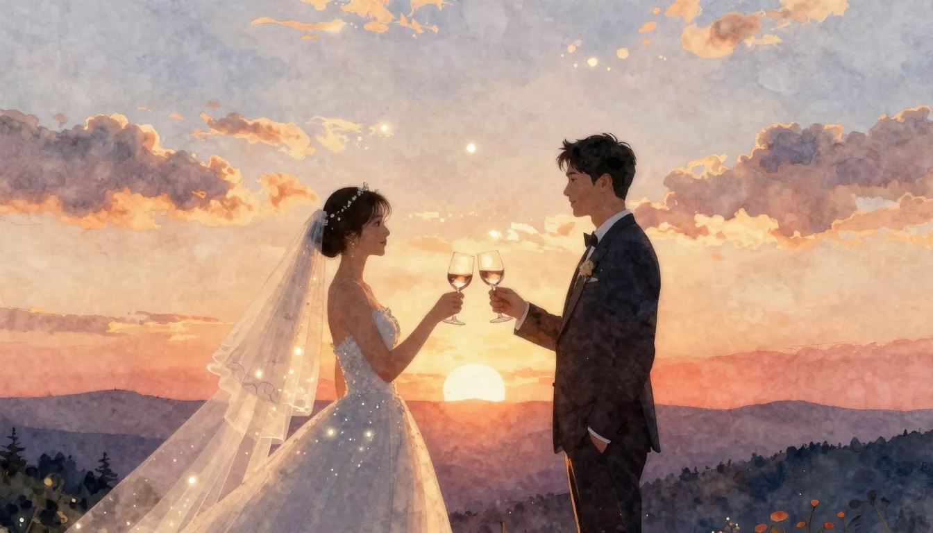 Watercolor style. Romantic sunset landscape, elegant silhoue...