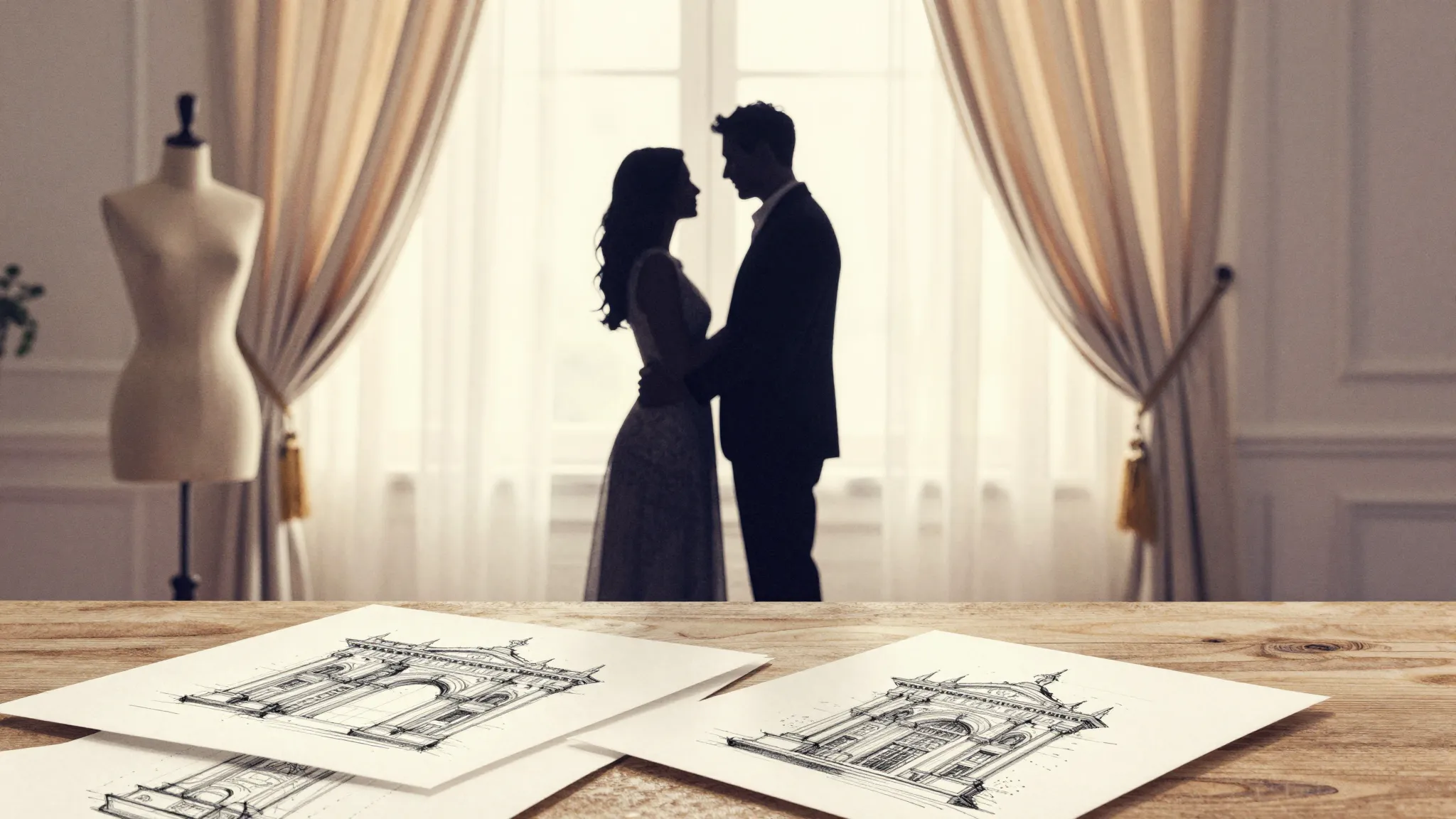 Watercolor style. Silhouette of a couple standing in a beaut...