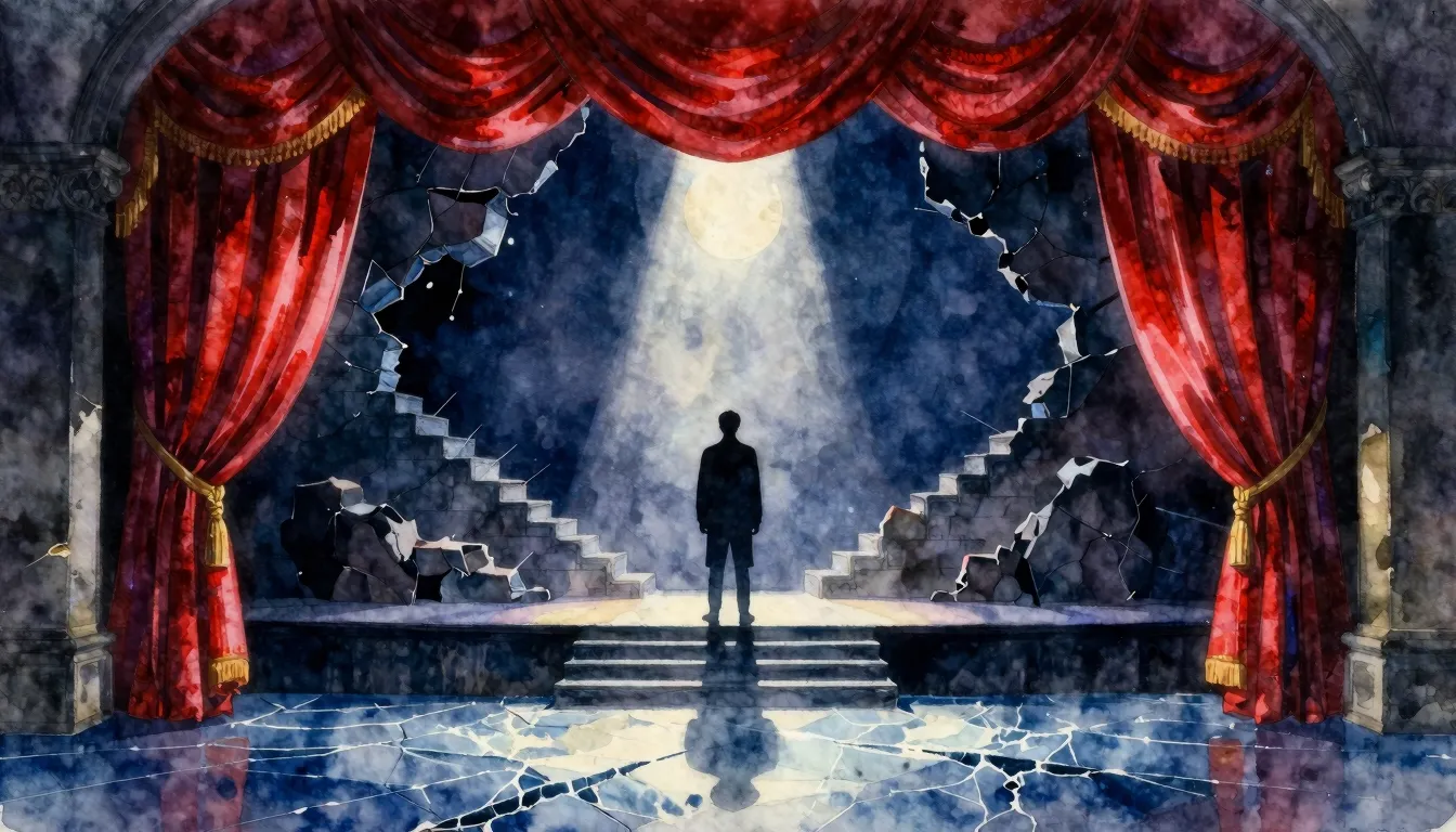 Vibrant watercolor style. A dark theatrical stage with a sin...