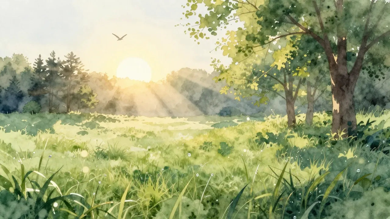 Watercolor style. A bright morning sun rising over a peacefu...