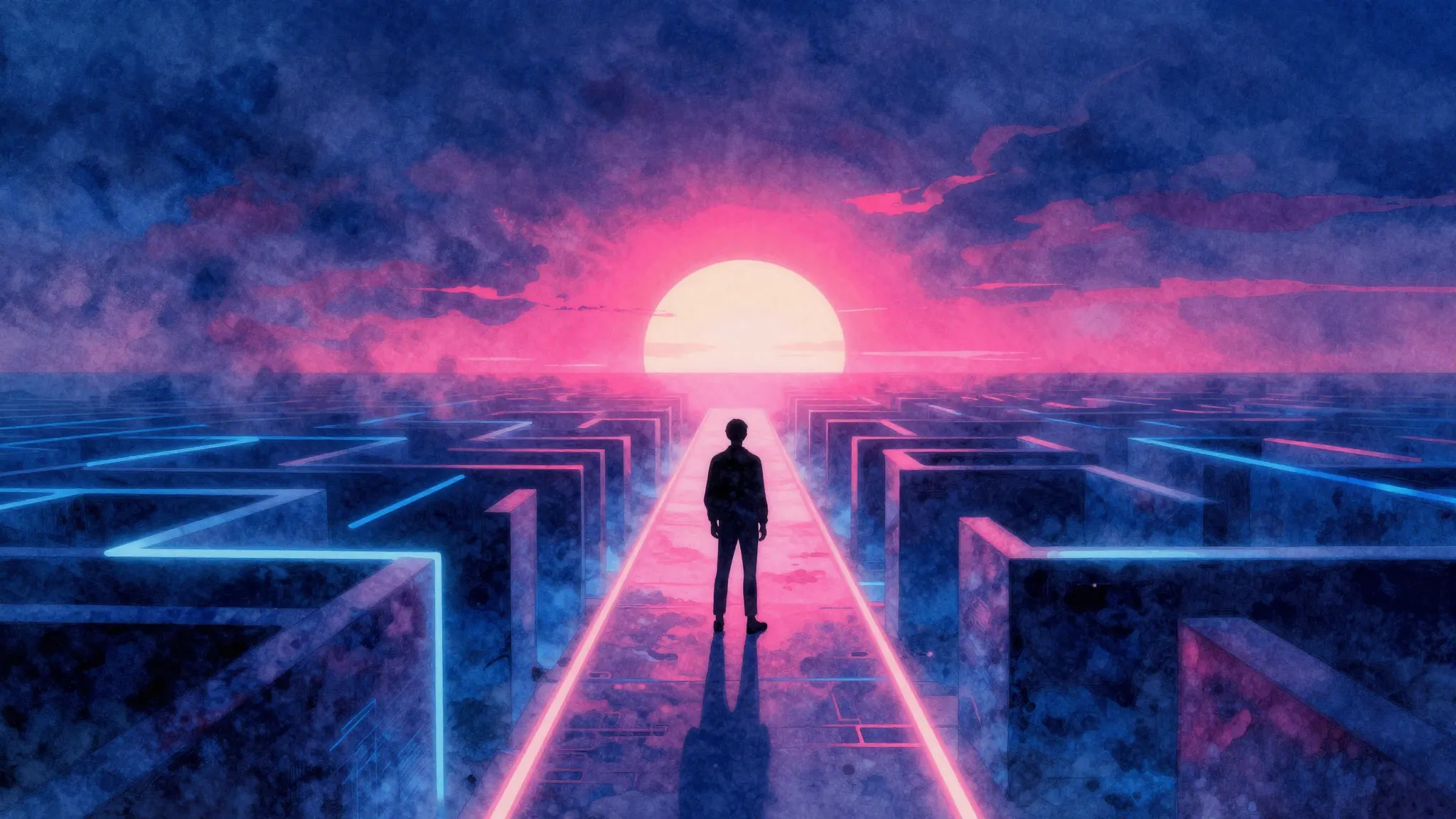 Vibrant watercolor style. A lonely silhouette standing on a ...