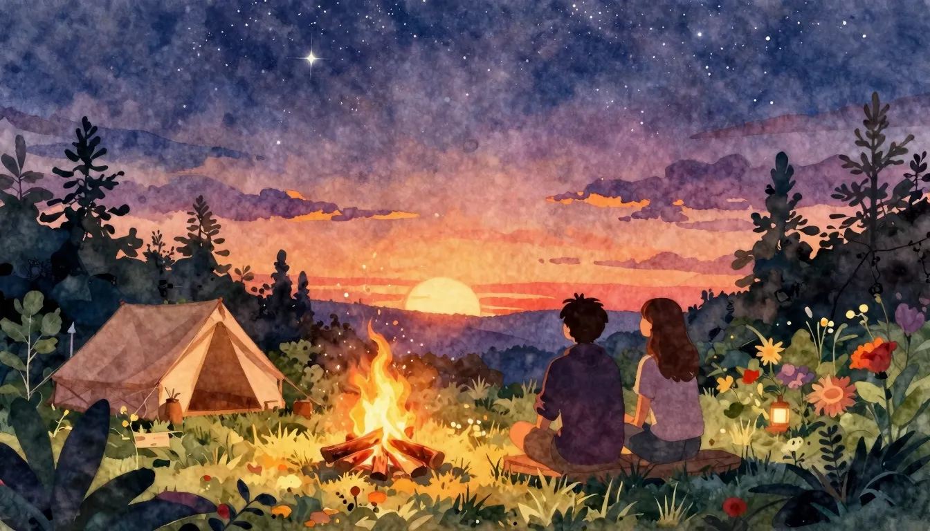Vibrant watercolor style. A nostalgic summer camp scene at s...