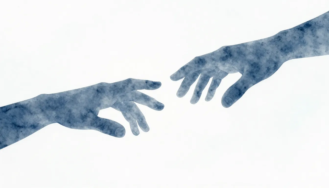 Watercolor style. Two abstract silhouettes of hands reaching...
