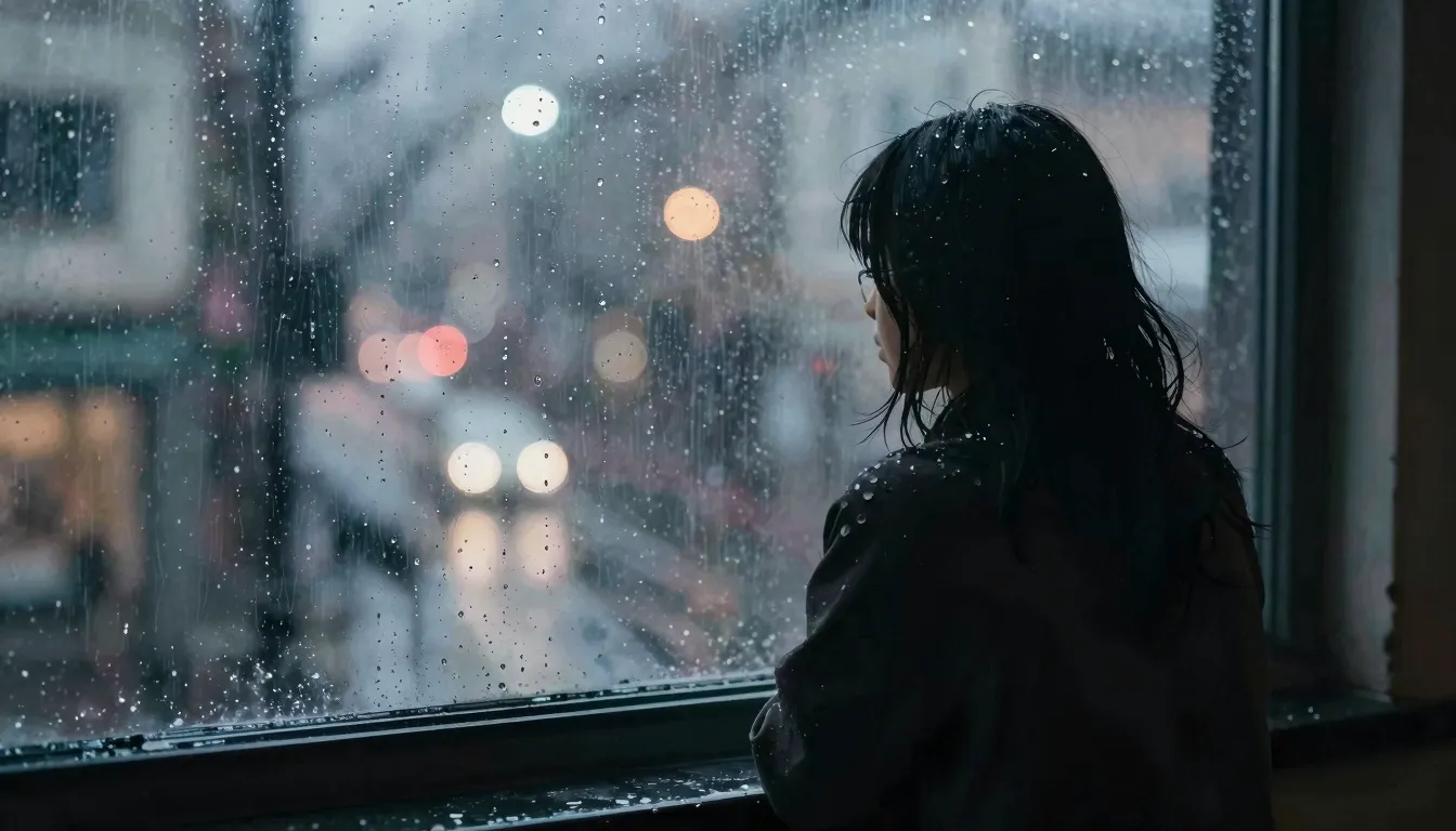 Watercolor style. A dark window with heavy rain drops, blurr...