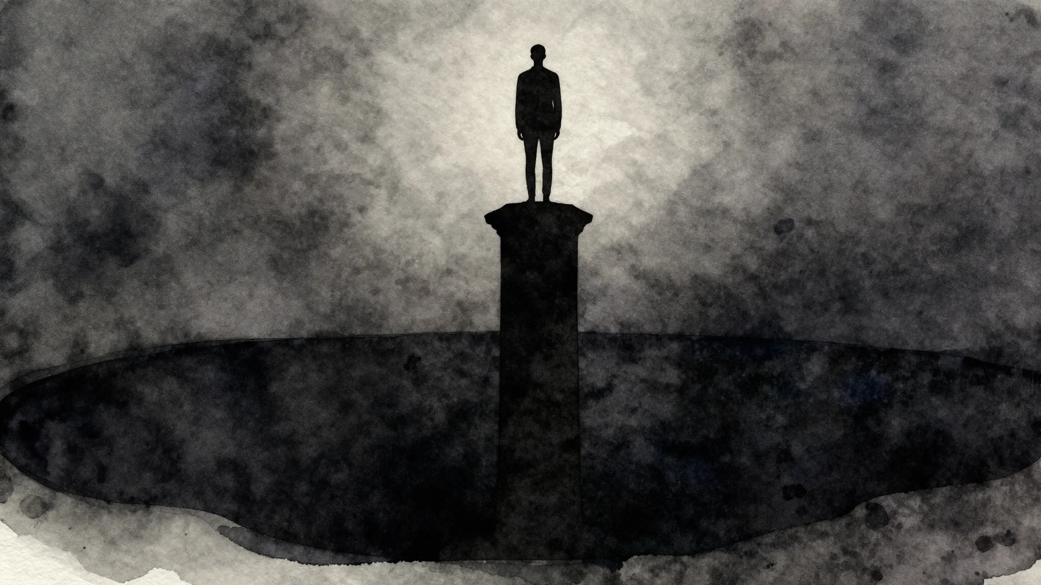 Watercolor style. A silhouette of a figure standing on a tal...