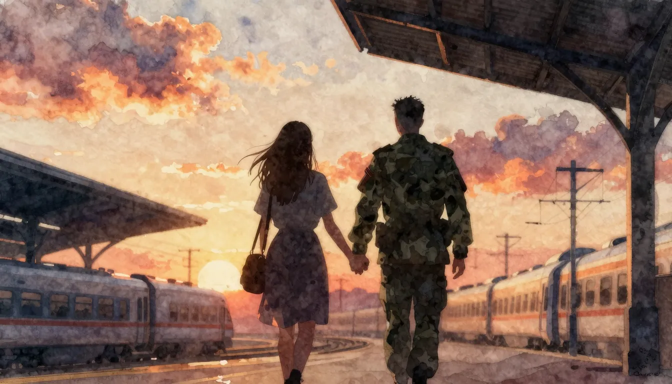 Watercolor style. Silhouette of a couple holding hands at a ...