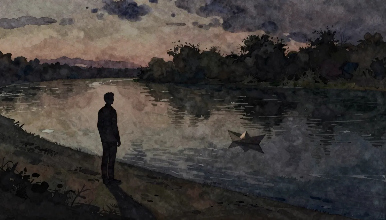 Watercolor style. A dark river at twilight, a solitary silho...