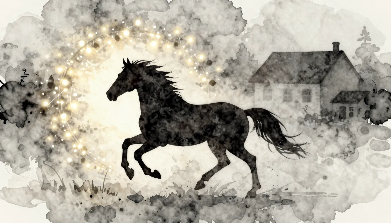 Watercolor style. A silhouette of a horse running in a circl...