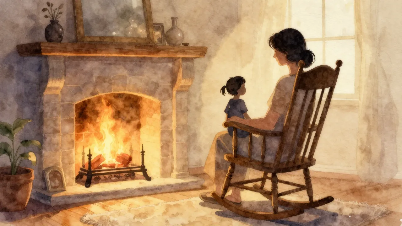 Watercolor style. A cozy room with a warm glowing fireplace,...