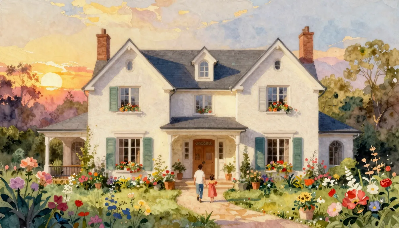 Vibrant watercolor style. A beautiful, cozy, and elegant ill...