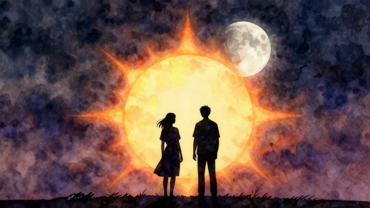 Vibrant watercolor style. A silhouette of two people standin...
