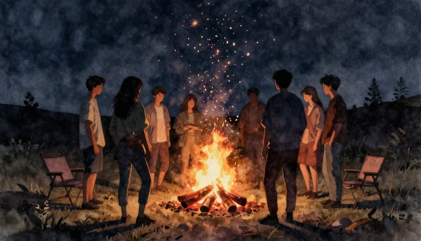 Watercolor style. A silhouette of a group of friends standin...