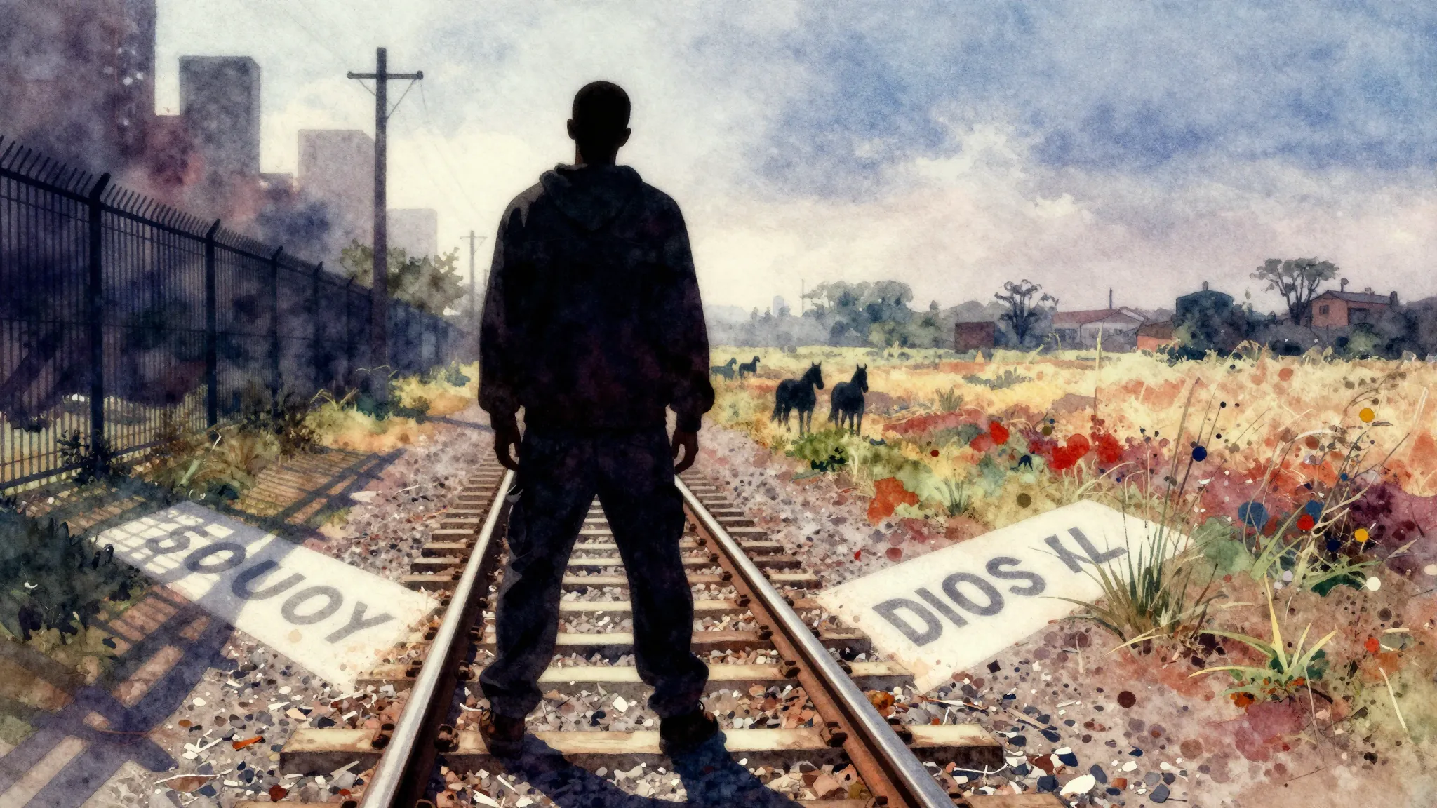 Vibrant watercolor style. A gritty hip-hop album cover featu...