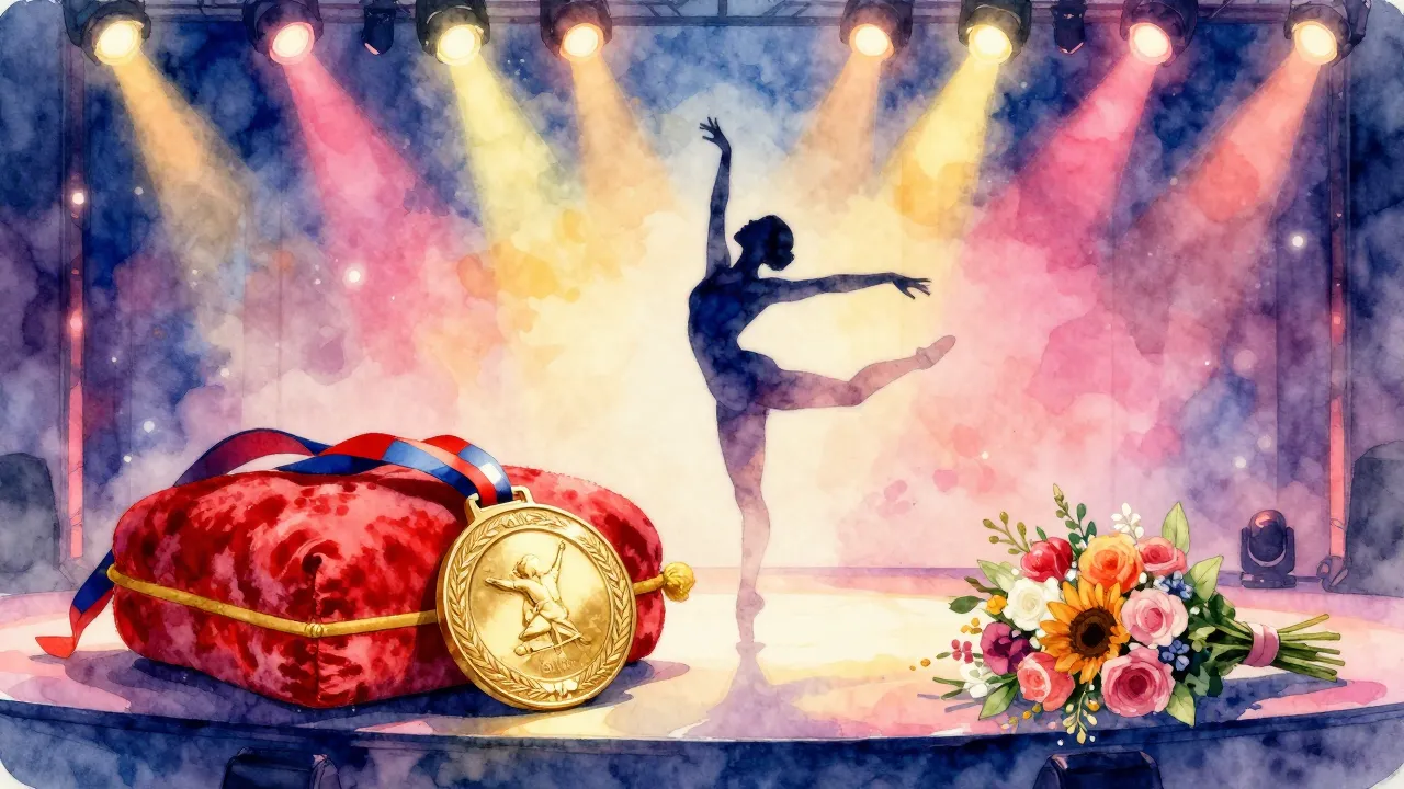 Vibrant watercolor style. A vibrant stage with bright spotli...