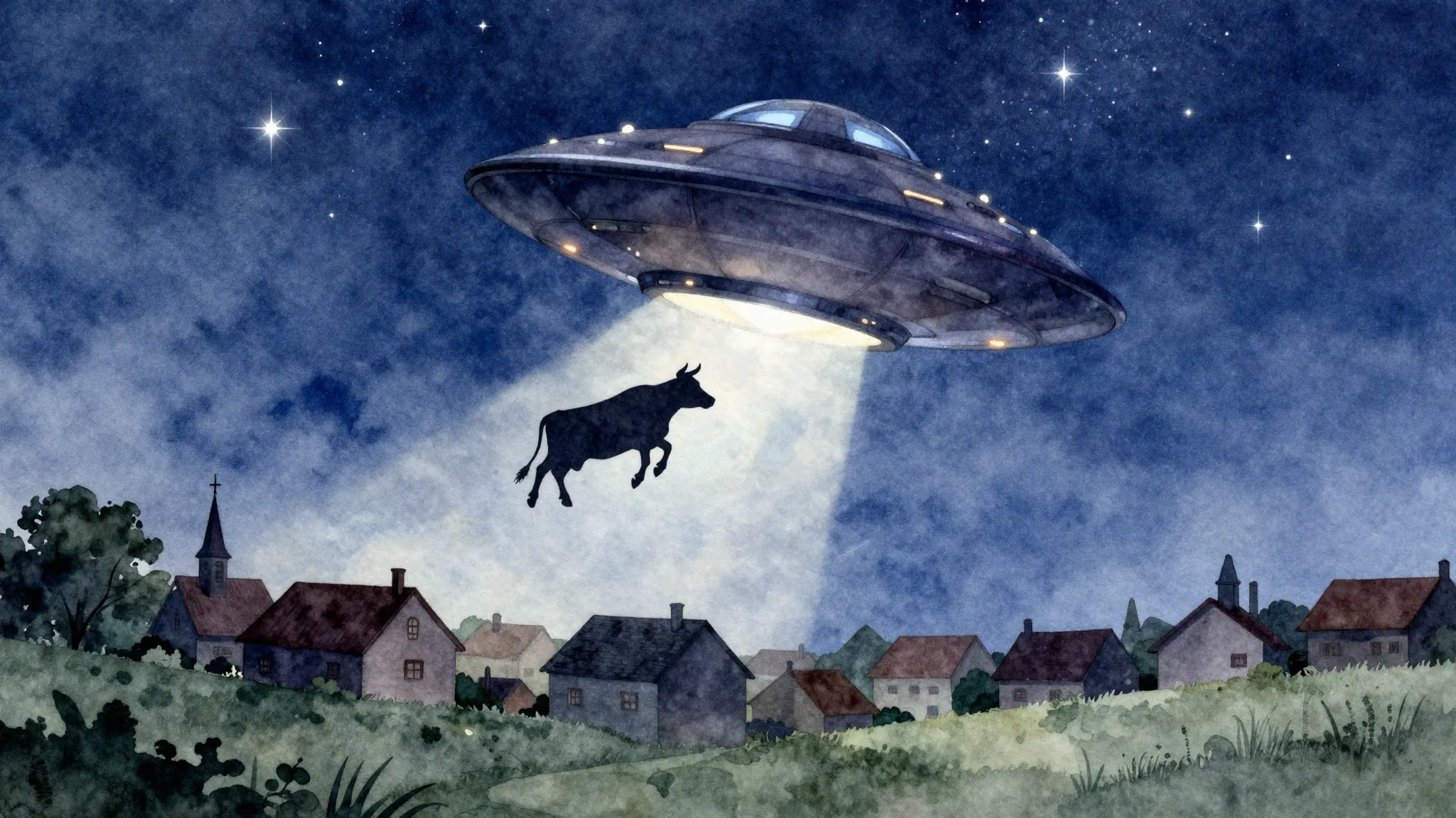 Watercolor style. Silhouette of a flying saucer over a villa...