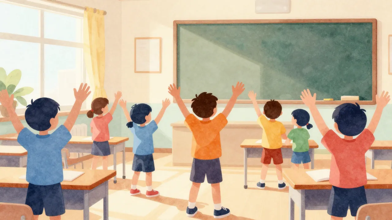 Watercolor style. A bright and colorful classroom with silho...