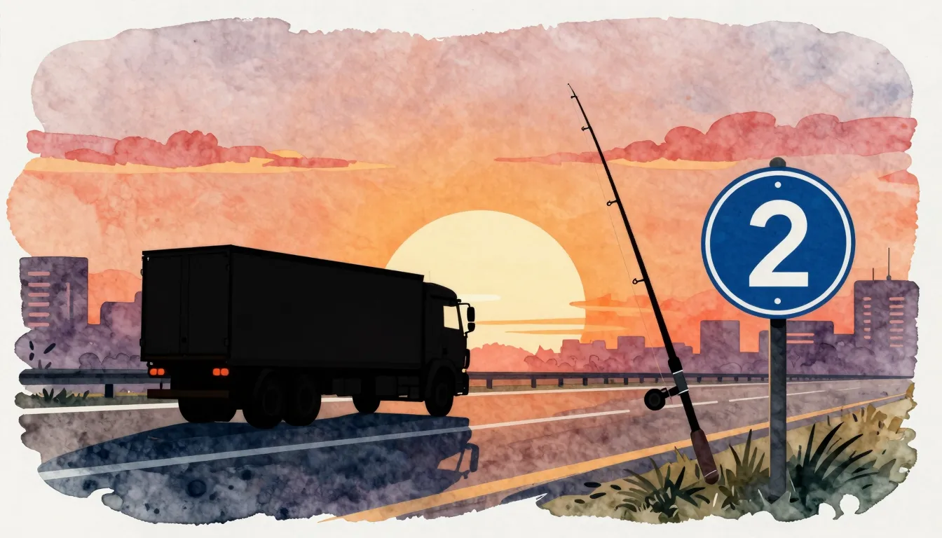 Watercolor style. Silhouette of a truck driving on a highway...