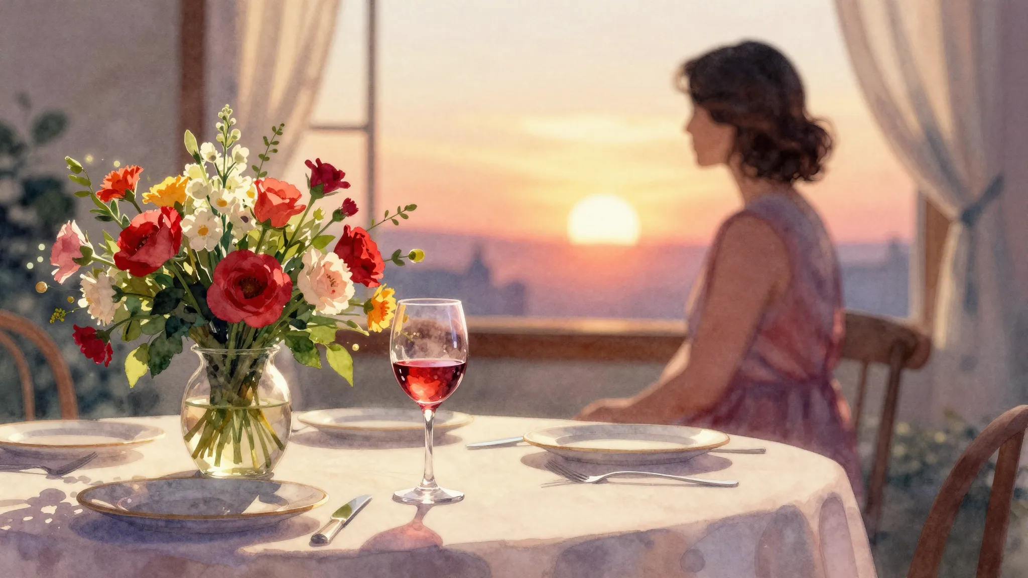 Vibrant watercolor style. A cozy festive table with a bouque...