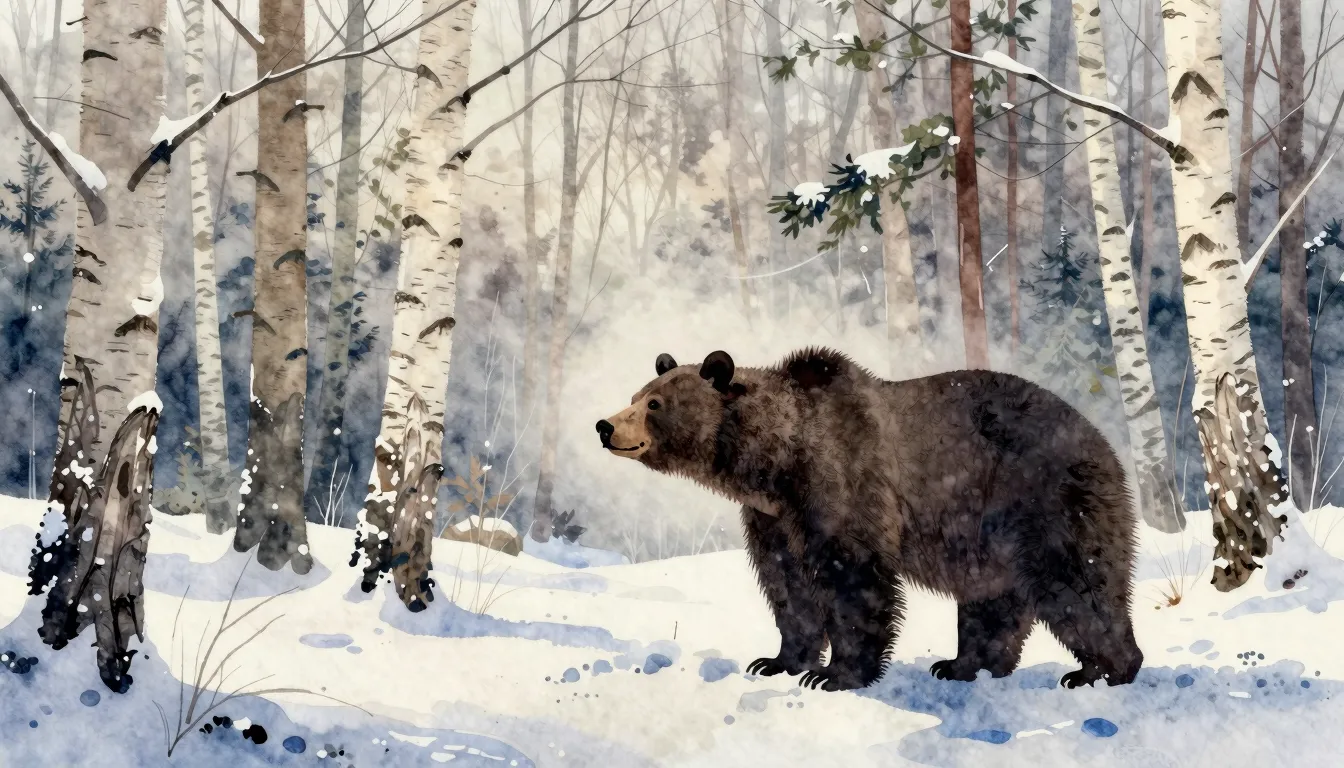 Watercolor style. Silhouette of a bear in a snowy winter for...