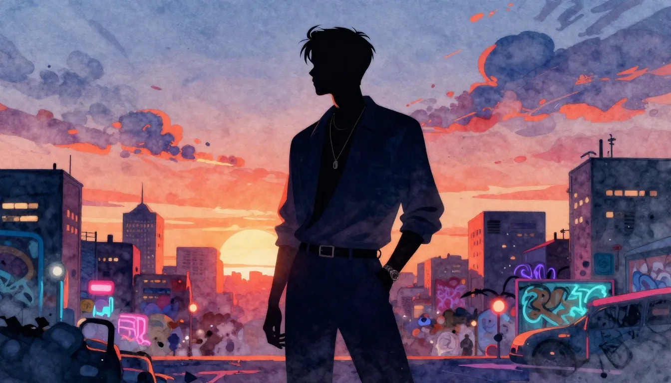 Watercolor style. Silhouette of a stylish young man standing...